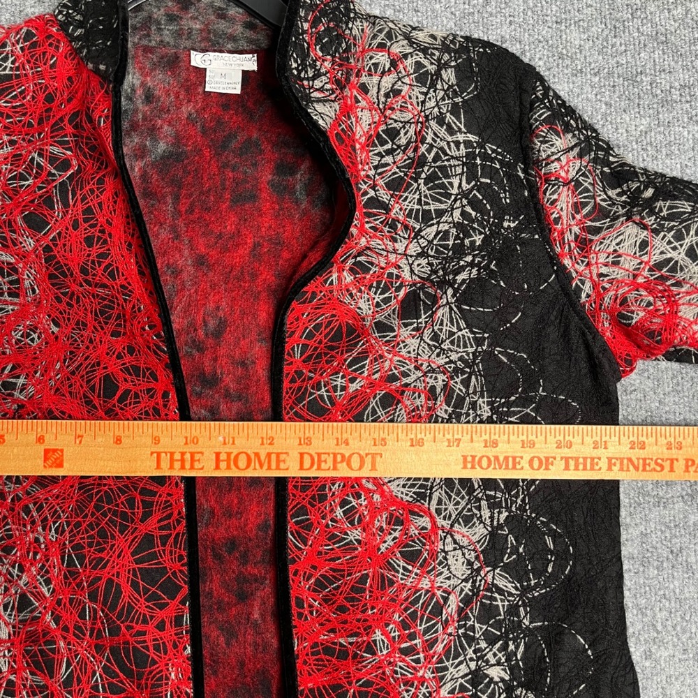 Grace Chuang Red Black Abstract Wool Blend Open Front Jacket Mandarin Collar M - Picture 5 of 10